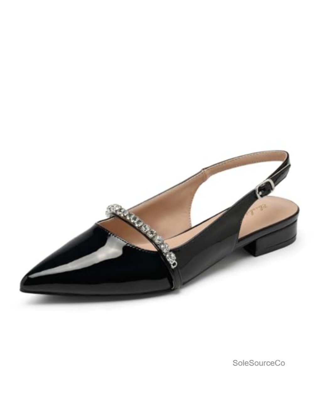 Women Rhinestone Pointed Toe Slingback Flats with Adjustable Buckle Low Heel